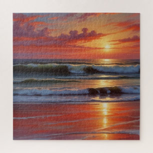 Red Sunset Ocean Seascape Malerei Artwork Puzzle
