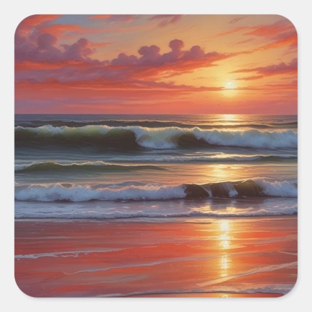 Red Sunset Ocean Seascape Malerei Artwork Quadratischer Aufkleber (Vorderseite)