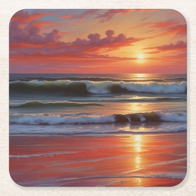 Red Sunset Ocean Seascape Malerei Artwork Rechteckiger Pappuntersetzer (Vorderseite)