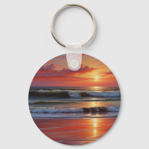 Red Sunset Ocean Seascape Malerei Artwork Schlüsselanhänger