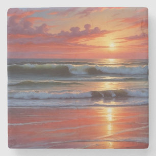 Red Sunset Ocean Seascape Malerei Artwork Steinuntersetzer