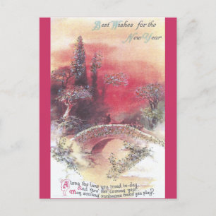 Red Sunset Over Bridge Vintage Neujahrskarte Feiertagspostkarte