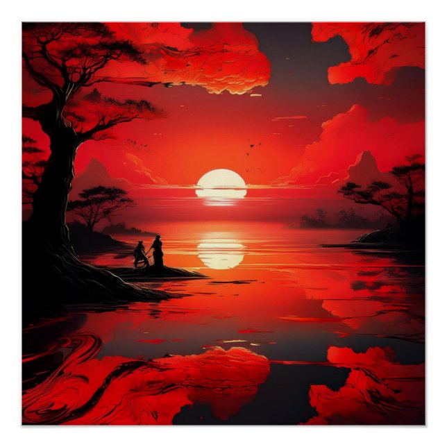 Red Sunset Reflection - Friedliche Natur Art Poster (Vorderseite)
