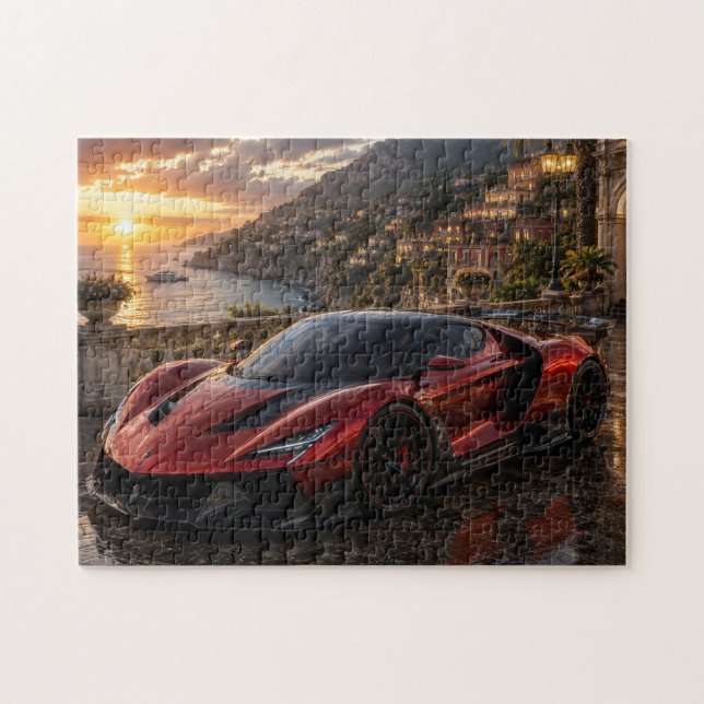 Red Supercar at Mediterranean Sunset Puzzle (Horizontal)