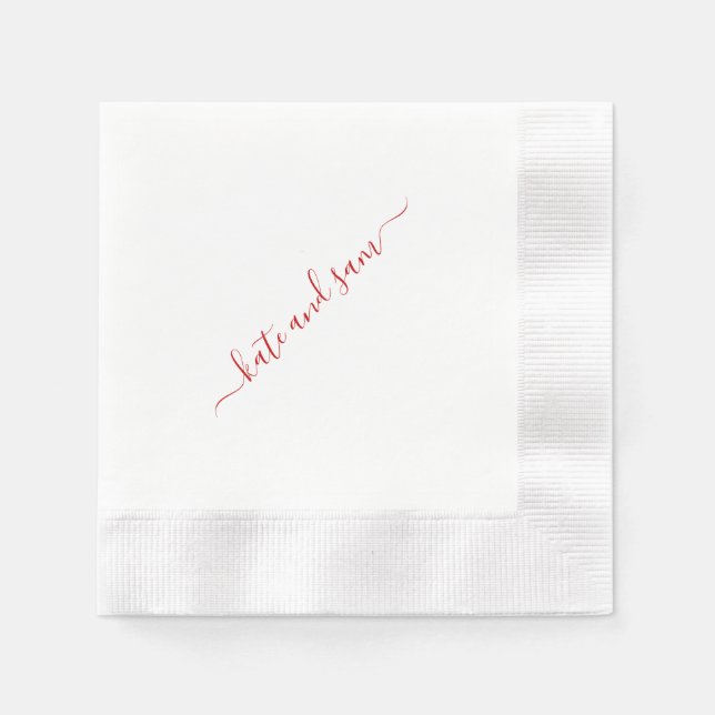 Red Swash Script Personalisiert geprägte Hochzeit Serviette (Vorderseite)