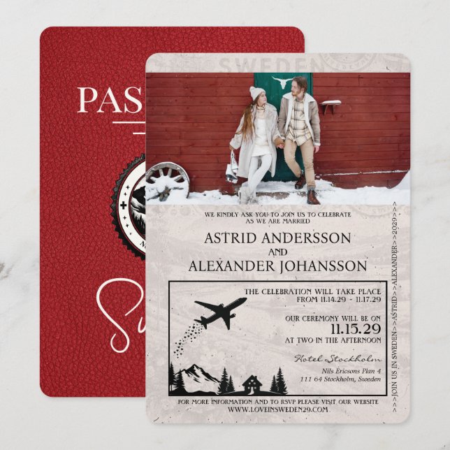Red Sweden Passport Hochzeitseinladung Einladung (Vorne/Hinten)