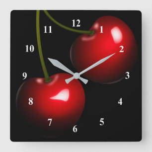 Red Sweet Cherry - Choose / Add Your Color Quadratische Wanduhr