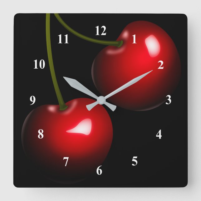 Red Sweet Cherry Quadratische Wanduhr (Vorderseite)