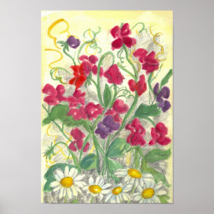 Red Sweet Pea Daisy Watercolor Garden Zeichnend Poster