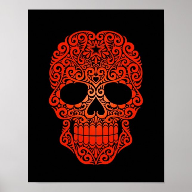 Red Swirling Sugar Skull auf schwarz Poster (Vorne)