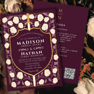 Red Sword Shield Fantasy Wedding QR Code Einladung