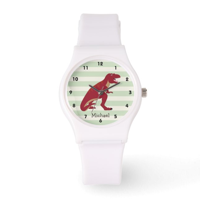 Red T-Rex auf pastellgrünen Streifen Armbanduhr (Vorderseite)