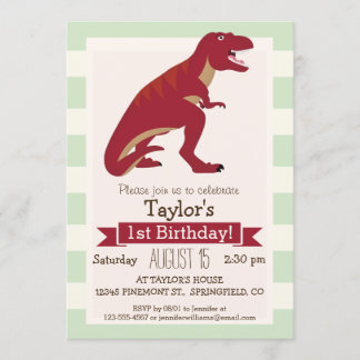 Red T-Rex auf pastellgrünen Streifen Einladung