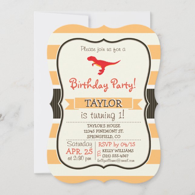 Red T-Rex Dinosaurier; Orangefarbene Streifen Einladung (Vorderseite)