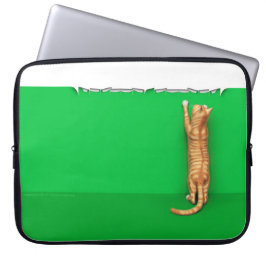 Red tabby cat rips paper laptop sleeve