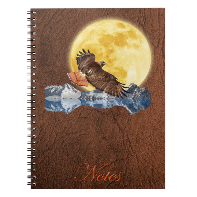 Red-Tail Hawk & Moon auf Imitate Leather Notebook Notizblock (Vorderseite)