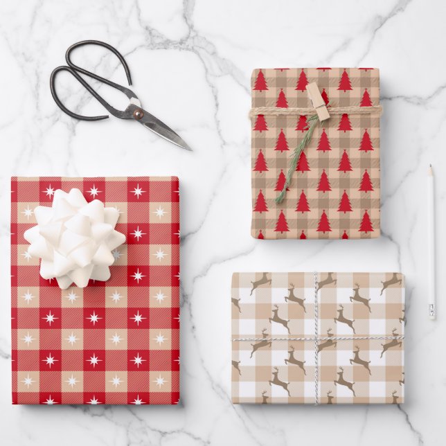 Red Tan Country Karierte Bäume Weihnachtsfeiertag Geschenkpapier Set (Vorderseite)