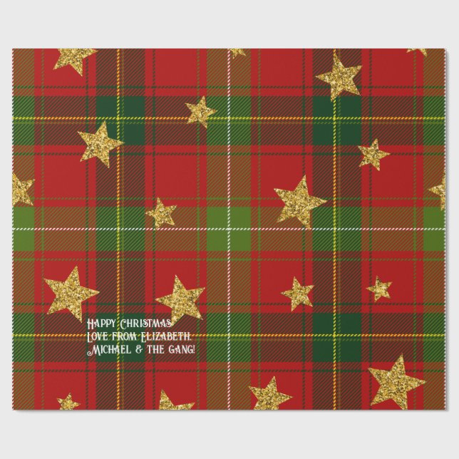 Red Tartan Gold Star Personalisierte Weihnachten Geschenkpapier (Flach)