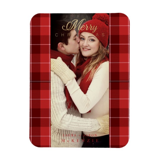 Red Tartan Kariert Erstes frohes Weihnachtsfest Fo Magnet (Vertikal)