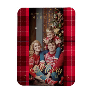 Red Tartan Kariert Frohe Weihnachtsfamilie Foto Magnet