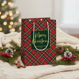 Red Tartan Kariert Gold Script Frohe Weihnachten Mittlere Geschenktüte