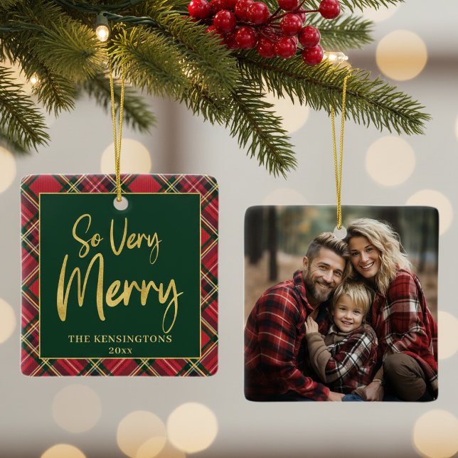 Red Tartan Kariert Holiday Foto Weihnachten Keramikornament (Red Tartan Plaid Holiday Photo Christmas Square Ceramic Ornament)
