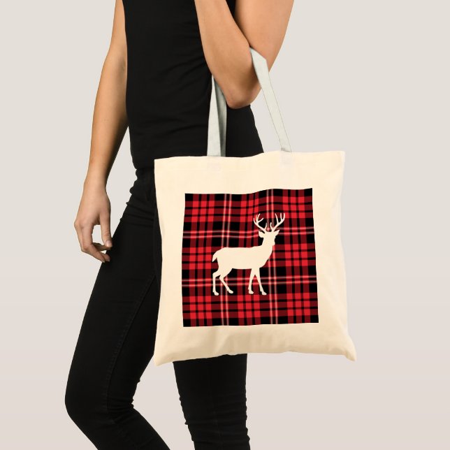 Red Tartan Kariertes Muster White Christmas Deer S Tragetasche (Vorderseite (Produkt))