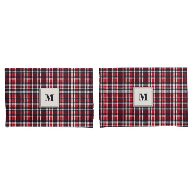 Red Tartan Karo Gemustert Elegante Mit Monogramm Kissenbezug (Vorderseite-Set)