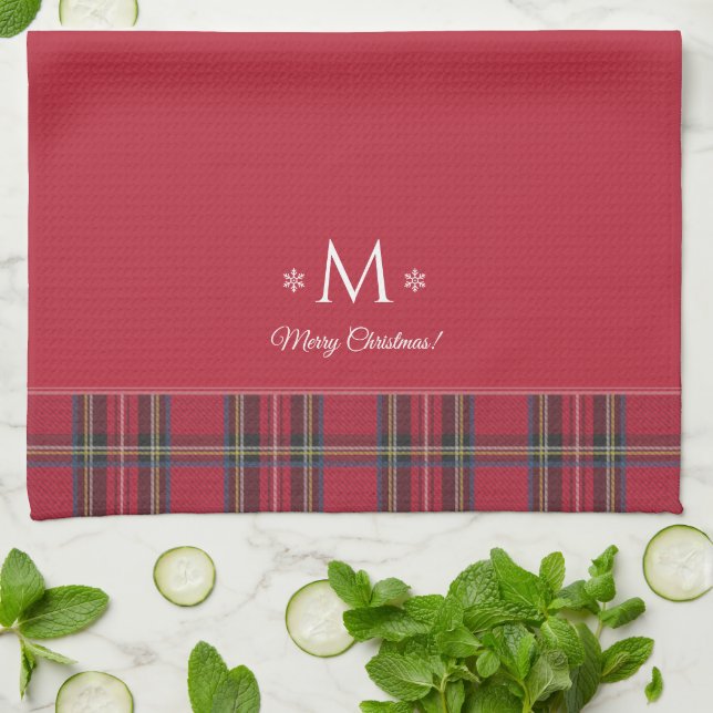Red Tartan Personalisiert Monogram Christmas Geschirrtuch (Gefaltet)