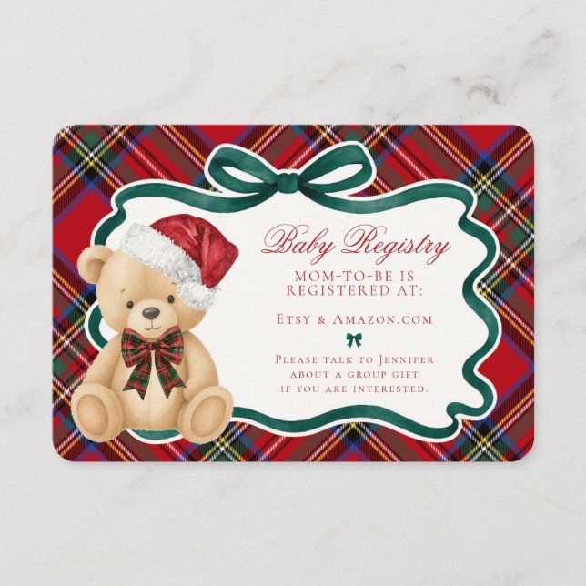 Red Tartan Plaid Christmas Bear Baby Registry Begleitkarte (Vorderseite)