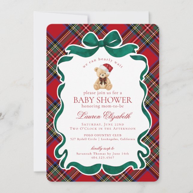 Red Tartan Plaid Christmas Bear Baby Shower Einladung (Vorderseite)