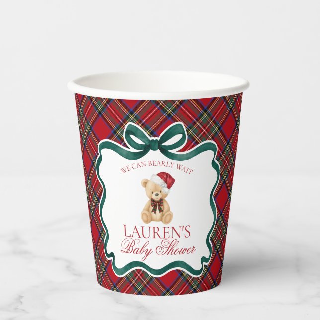 Red Tartan Plaid Christmas Bear Baby Shower Pappbecher (Vorderseite)