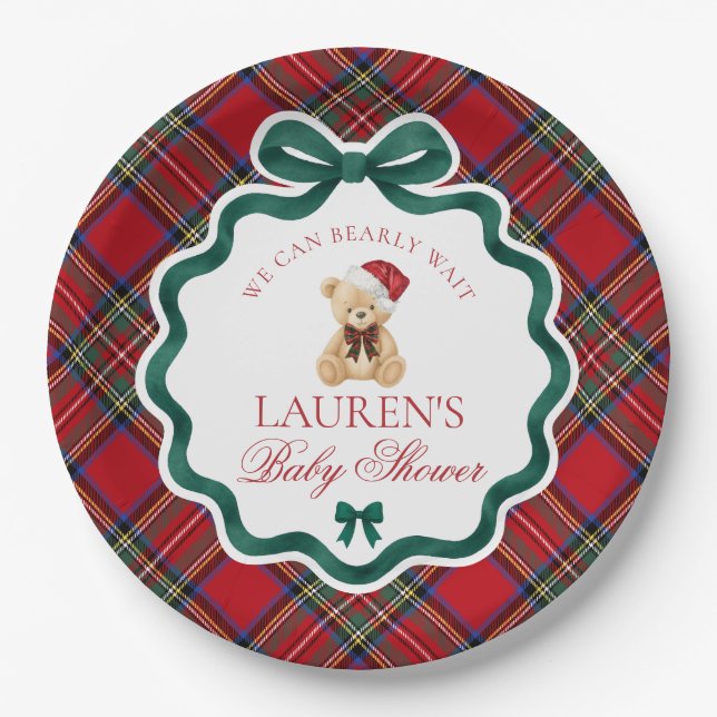 Red Tartan Plaid Christmas Bear Baby Shower  Pappteller (Vorderseite)