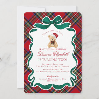 Red Tartan Plaid Christmas Bear Birthday Einladung
