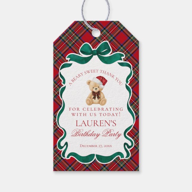 Red Tartan Plaid Christmas Bear Birthday Favors Geschenkanhänger (Vorderseite)