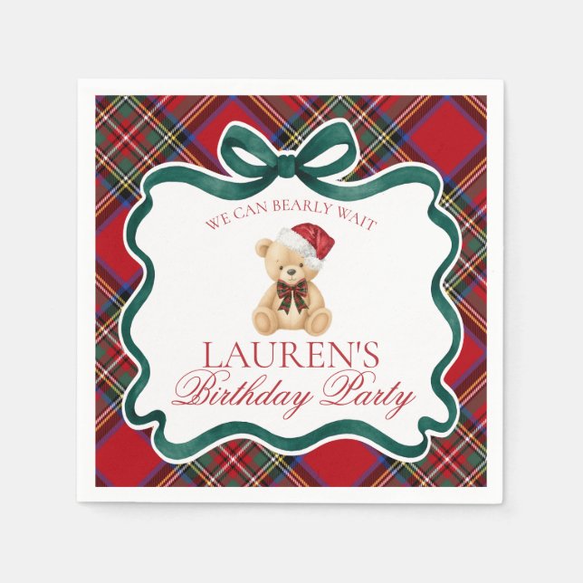 Red Tartan Plaid Christmas Bear Birthday Party Serviette (Vorderseite)