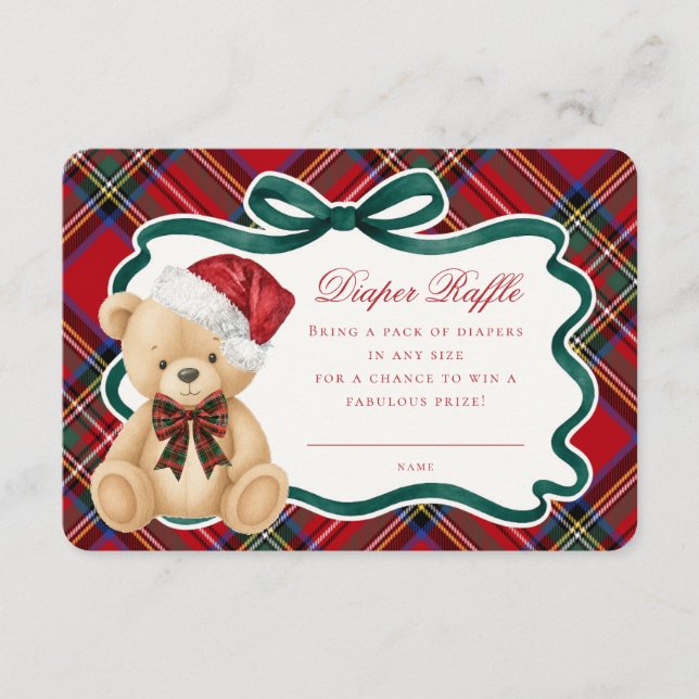 Red Tartan Plaid Christmas Bear Diaper Raffle Begleitkarte (Vorderseite)