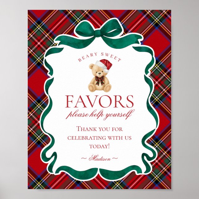 Red Tartan Plaid Christmas Bear Party Favor Sign Poster (Vorne)