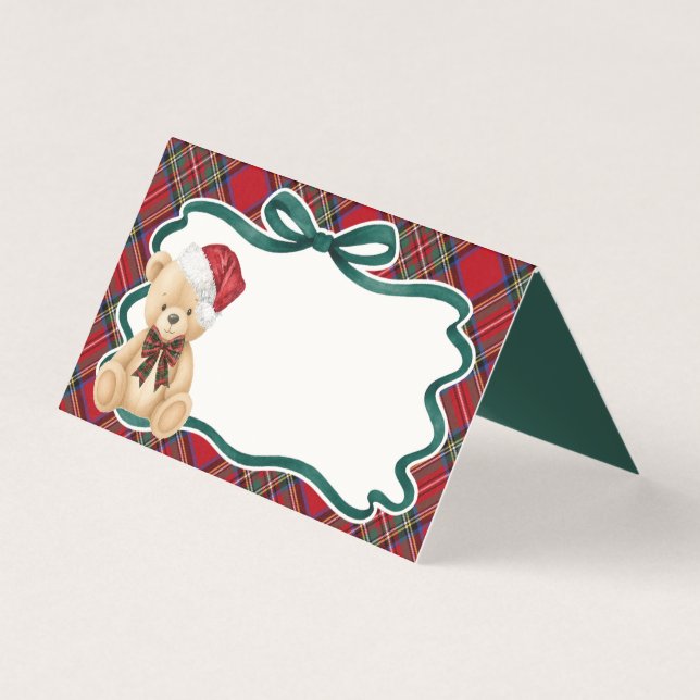 Red Tartan Plaid Christmas Bear Table Place Card (Vorderseite)