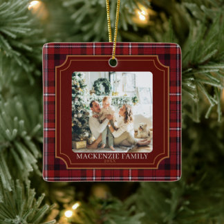 Red Tartan Plaid Personalized Photo Christmas Keramikornament