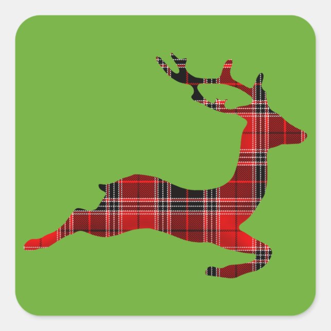 Red Tartan Rentier Schottische Weihnachten Quadratischer Aufkleber (Vorderseite)