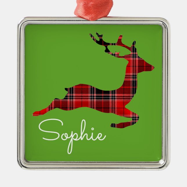 Red Tartan Rentier Schottische Weihnachtsgeschenk Ornament Aus Metall (Vorne)