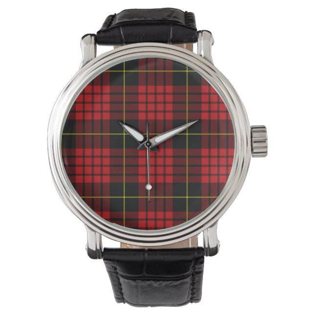 Red Tartan Vintag Black Leather Strap Watch Armbanduhr (Vorderseite)