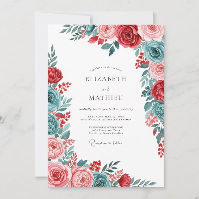 Red Teal Gracious Botanical Wedding Einladung (Vorderseite)