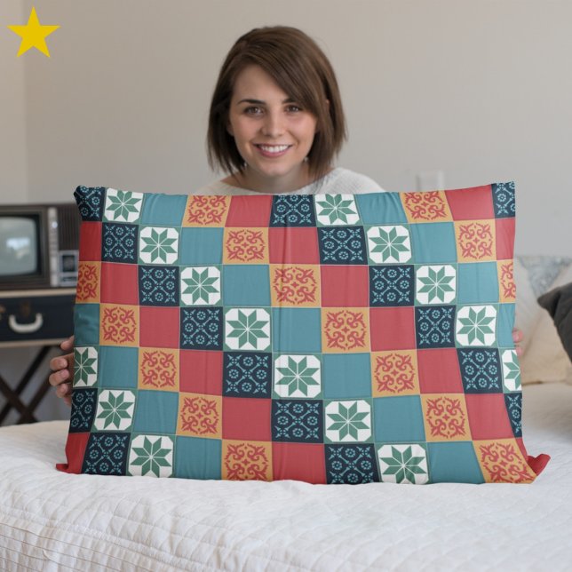 Red Teal Orange Classic European Mosaic Tiles Kissenbezug (Von Creator hochgeladen)