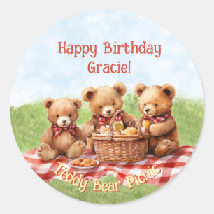 Red Teddy Bear Picnic Geburtstagsticker Runder Aufkleber