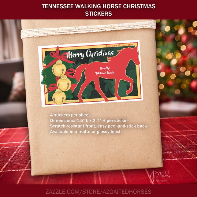 Red Tennessee Walker Horst Weihnachts Jingle Bells Rechteckiger Aufkleber (Red Tennessee Walker Horse Christmas Jingle Bells Rectangular Sticker)