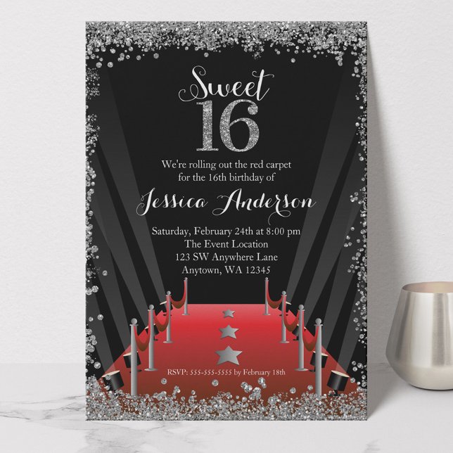 Red Tepet Hollywood Silver Glitzer Sweet 16 Einladung (Von Creator hochgeladen)