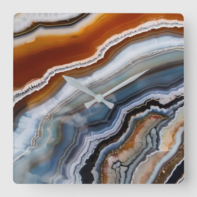 Red Terracotta White Black Blue Gold Agate Geode Quadratische Wanduhr (Vorderseite)