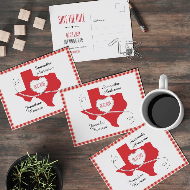 Red Texas Curling Ribbon Save the Date Postkarte (Von Creator hochgeladen)